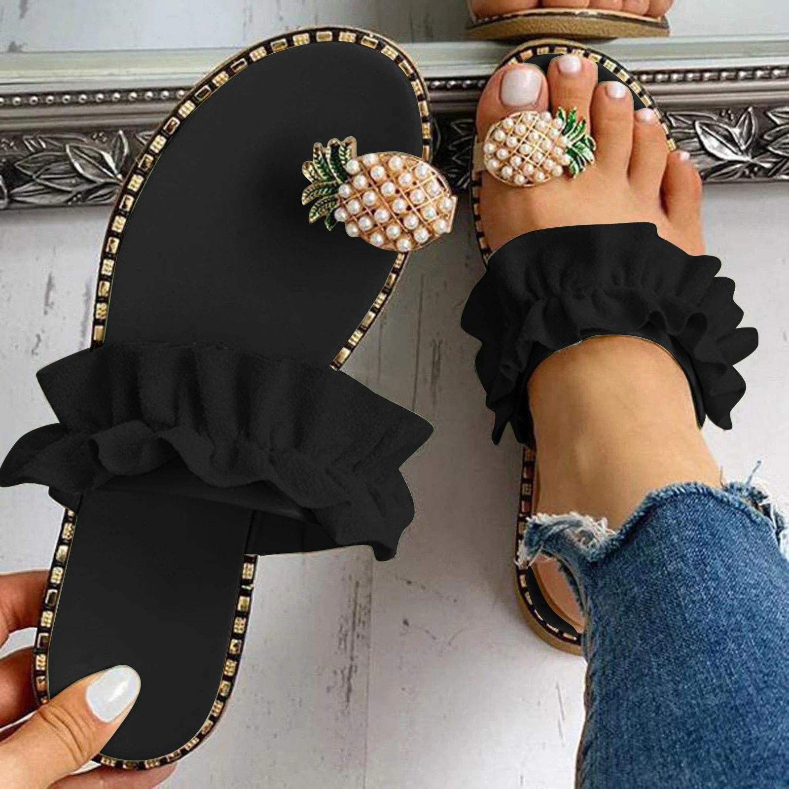 Bohemian Flat Sandals with Pineapple Pearl Accent