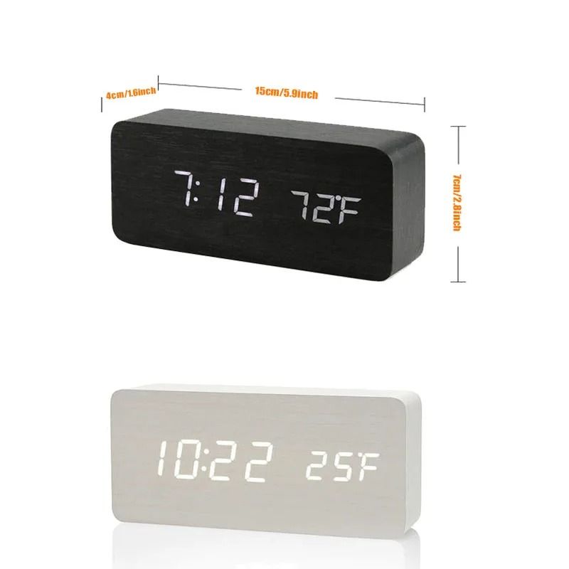 Wood Digital Alarm Clock with LED Temperature Display