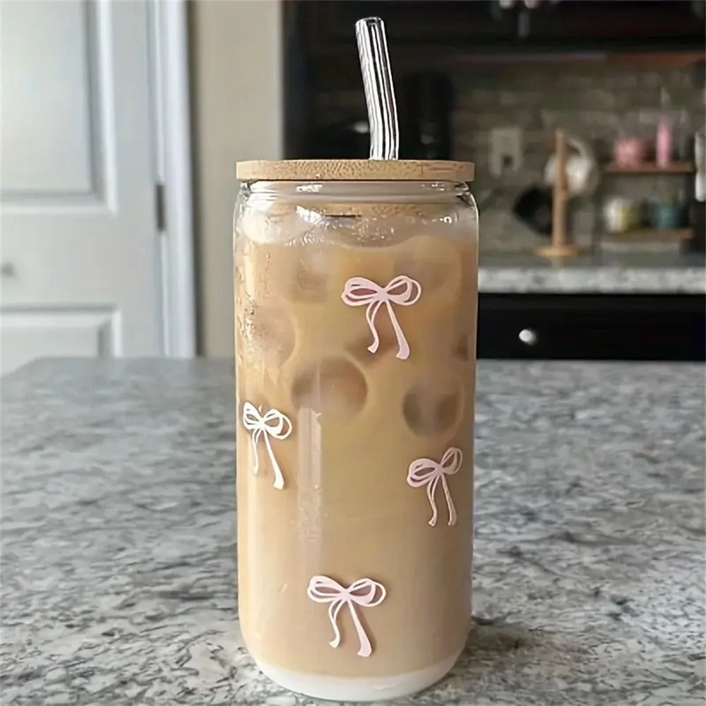 500ml Cherry Bow Glass Tumbler – High-Performance Mason Jar Shaped Drinking Cup with Lid & Straw