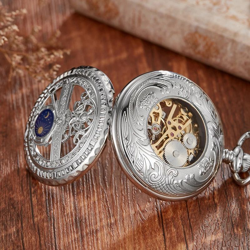 Mechanical Pocket Watch Star and Moon Phase Skeleton Design