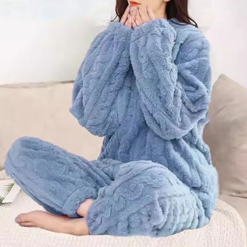 Womens Winter Pajama Set Long Sleeve Top And Elastic Waist Pants