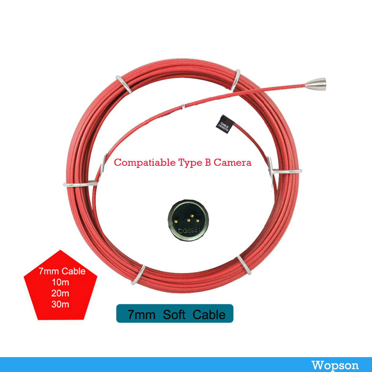 Fiberglass Cable Soft or Rigid with Connector, Compatible with Wopson Pipe Inspection Snake Camera for Plumbing & Drain