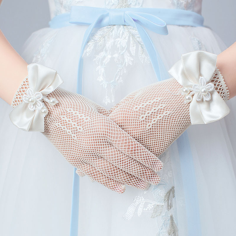 1 Pair Girls Kids White Lace Wedding Gloves with Faux Pearl Bowknot, Fishnet Flower Girl Communion Ceremony Party