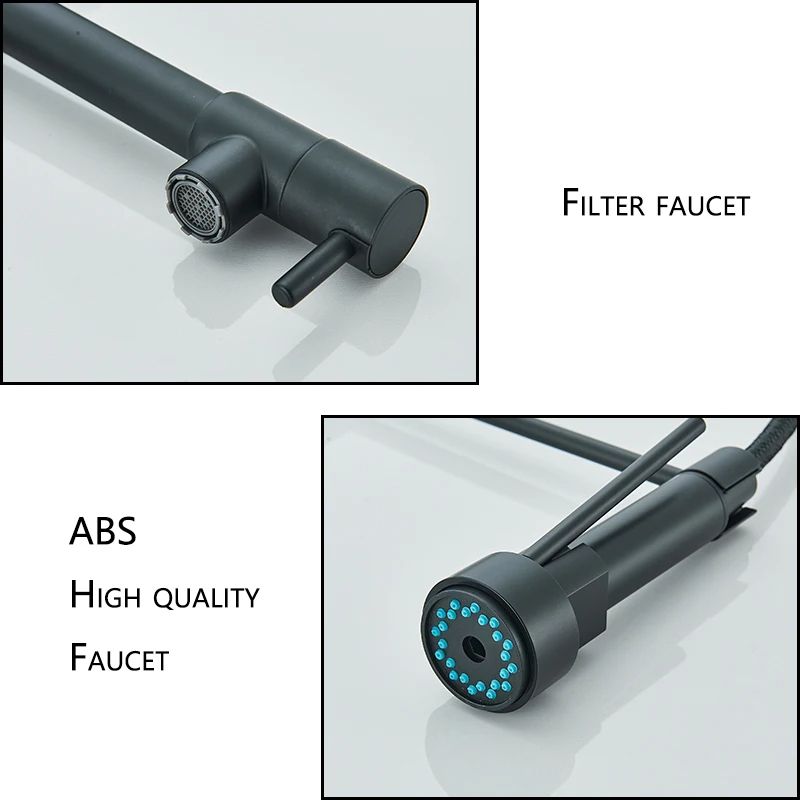 Black Kitchen Sink Faucet Pull Down, Hot and Cold Water Mixer, 2 Mode Tap with Dual Spout, Rotation Flexible Deck