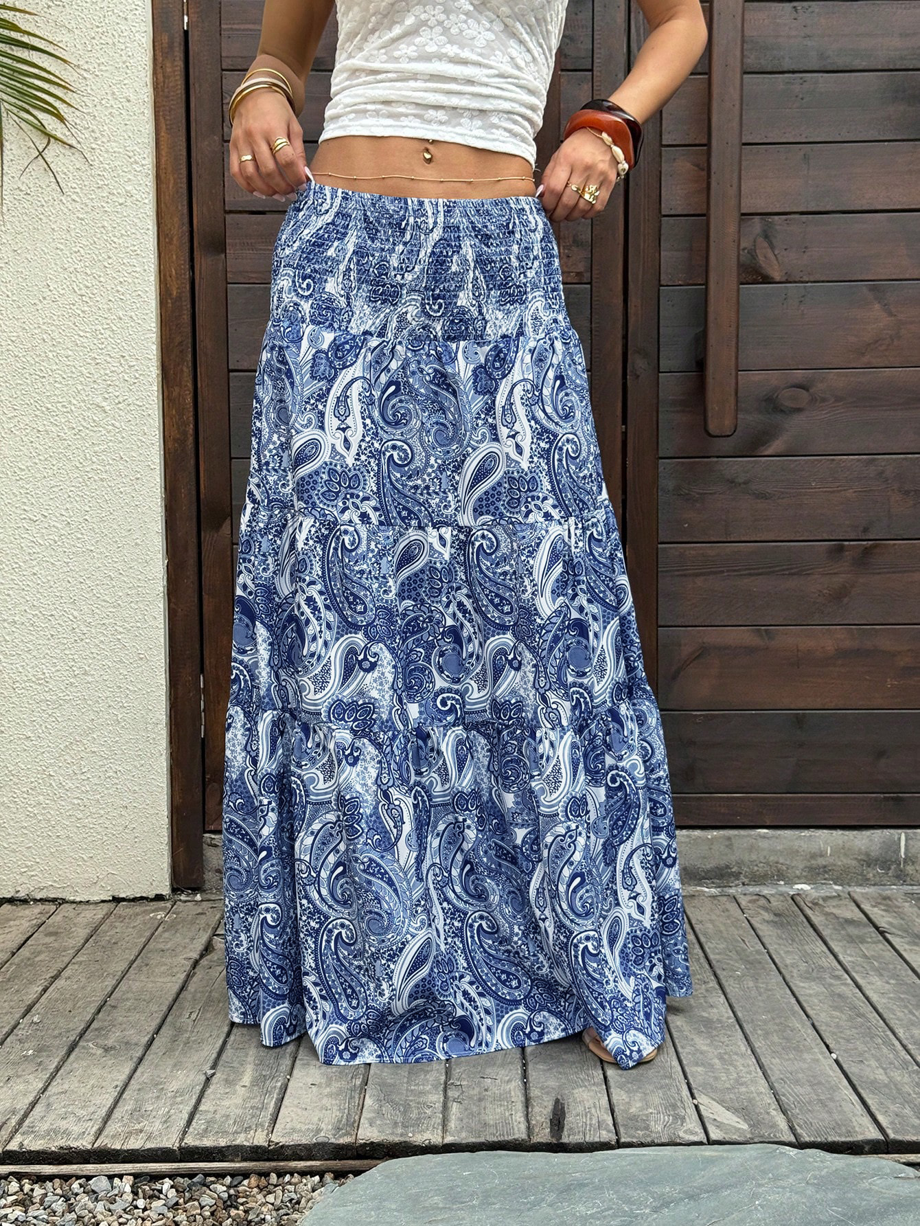 Stretchy Waist Long Maxi Skirt, Flowy Vacation Style Beach Skirt with Elastic Waistband