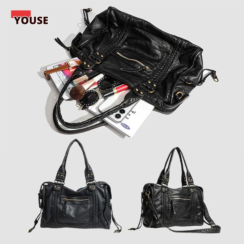 Braided Trim Leather Tote Bag for Women Work Tote with Front Zipper Pocket and Gold Rivet Design