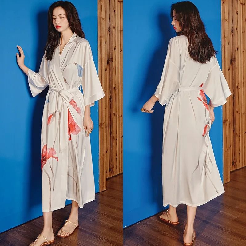 New Spring Summer Female Long Robe Set – Sexy Flower Print Kimono & Silk Satin Casual Lounge Wear