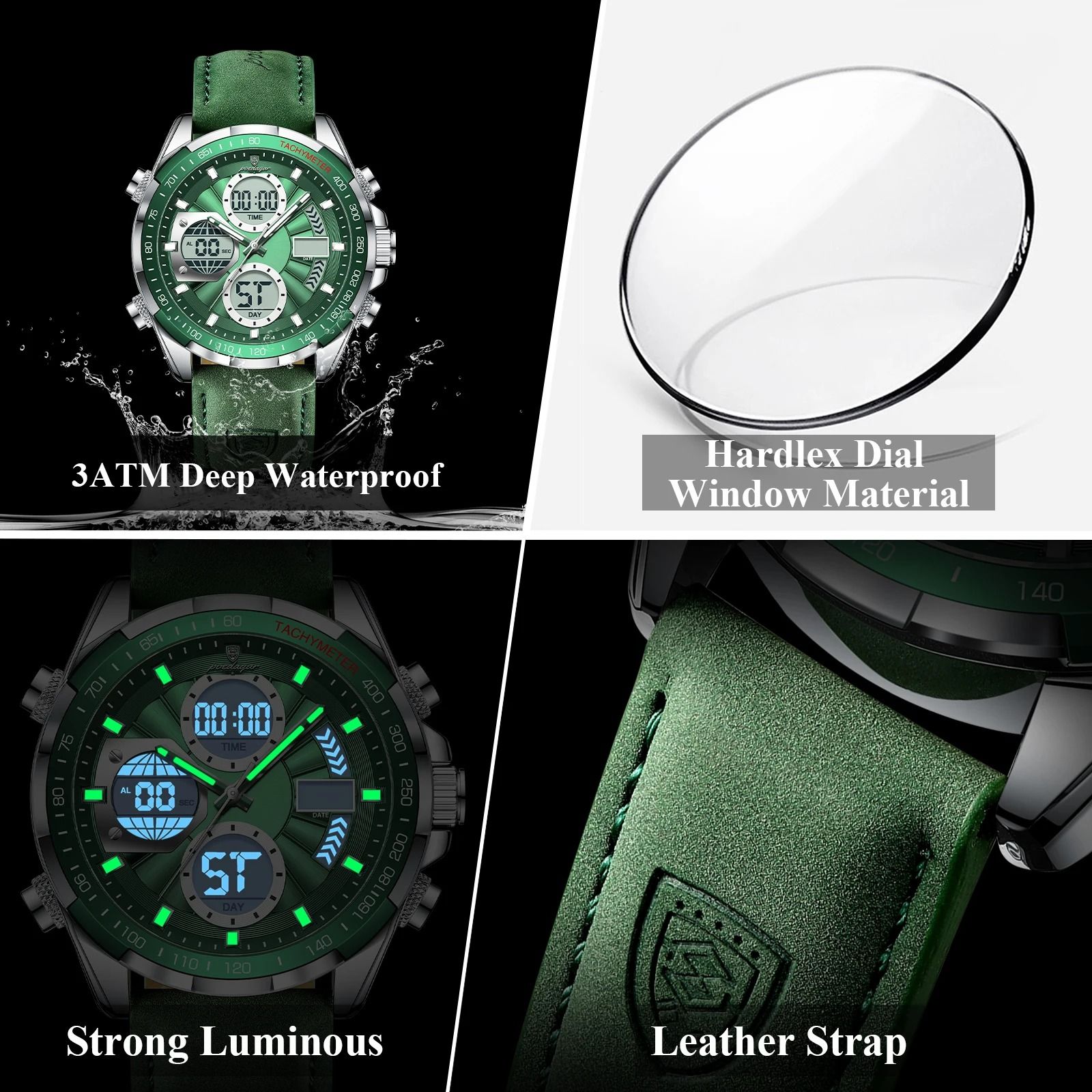 Poedagar LED Dual Time Mens Watch with Week Date Display and Quartz Movement