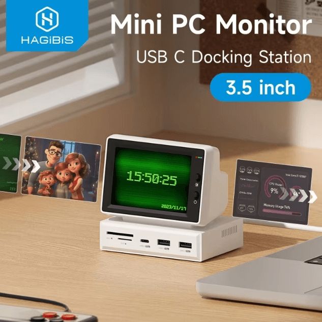 Hagibis 3.5 Inches USB-C Mini Monitor Hub – IPS Sub Screen & High-Speed Docking Adapter