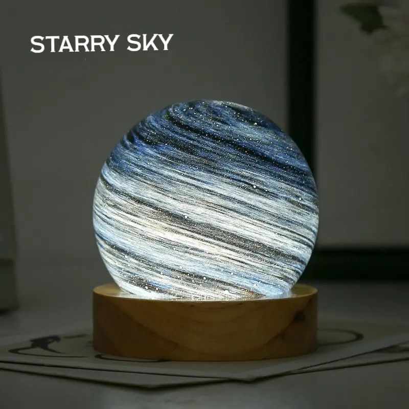 USB Powered 3D Moon Glass Night Lamp with Wooden Stand