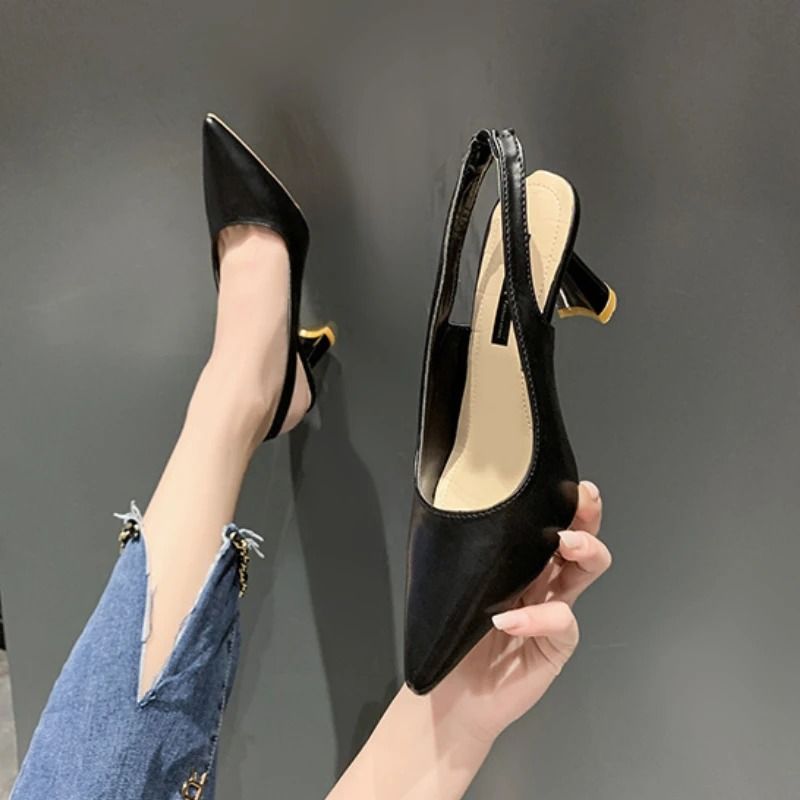 Summer Breathable Pointed Toe Stiletto Heels Elegant PU Shallow Cut Sandals