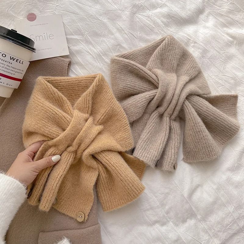 Autumn and Winter Cross Knitted Scarf Korean Edition Color-Blocked Warm Button Neck Cover