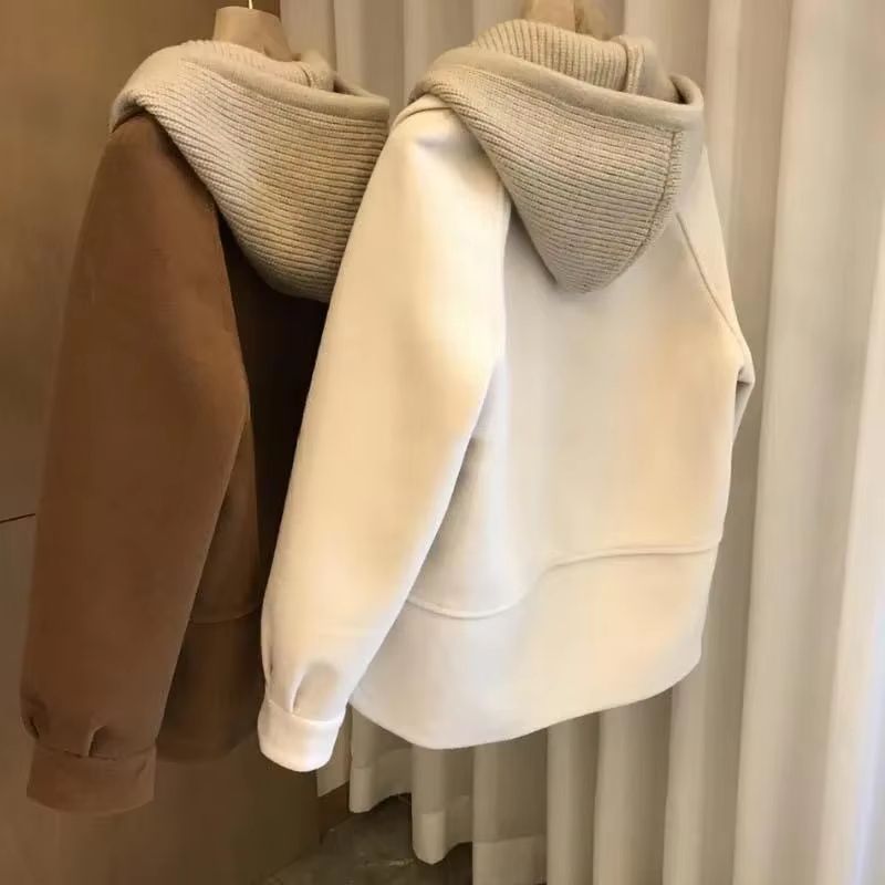 Plus Size Patchwork Hooded Coat Fake Two Piece Women's Winter Jacket Loose Elegant Outerwear