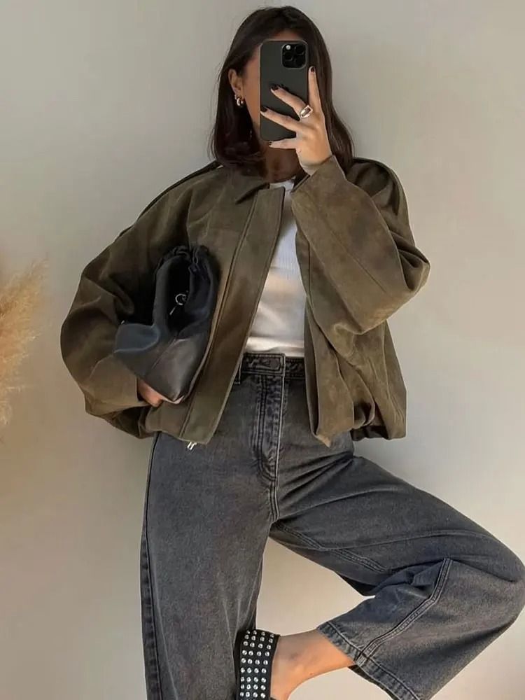 Womens Vintage Suede Loose Bomber Jacket