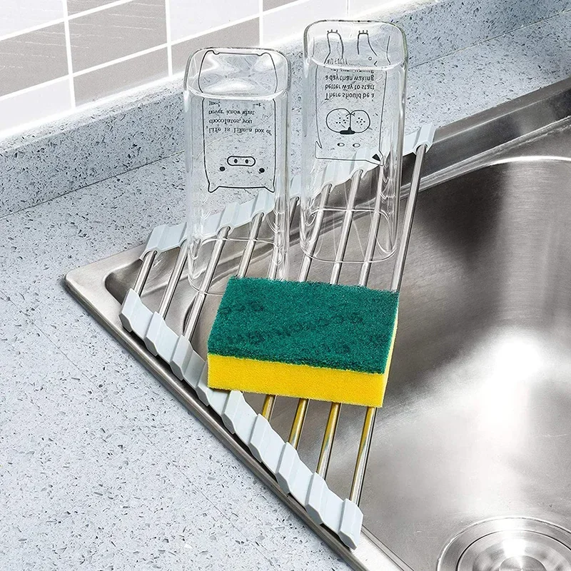 Space-Saving Corner Sink Organizer, Foldable Stainless Steel Dish Drying Rack with Sponge & Rag Holder