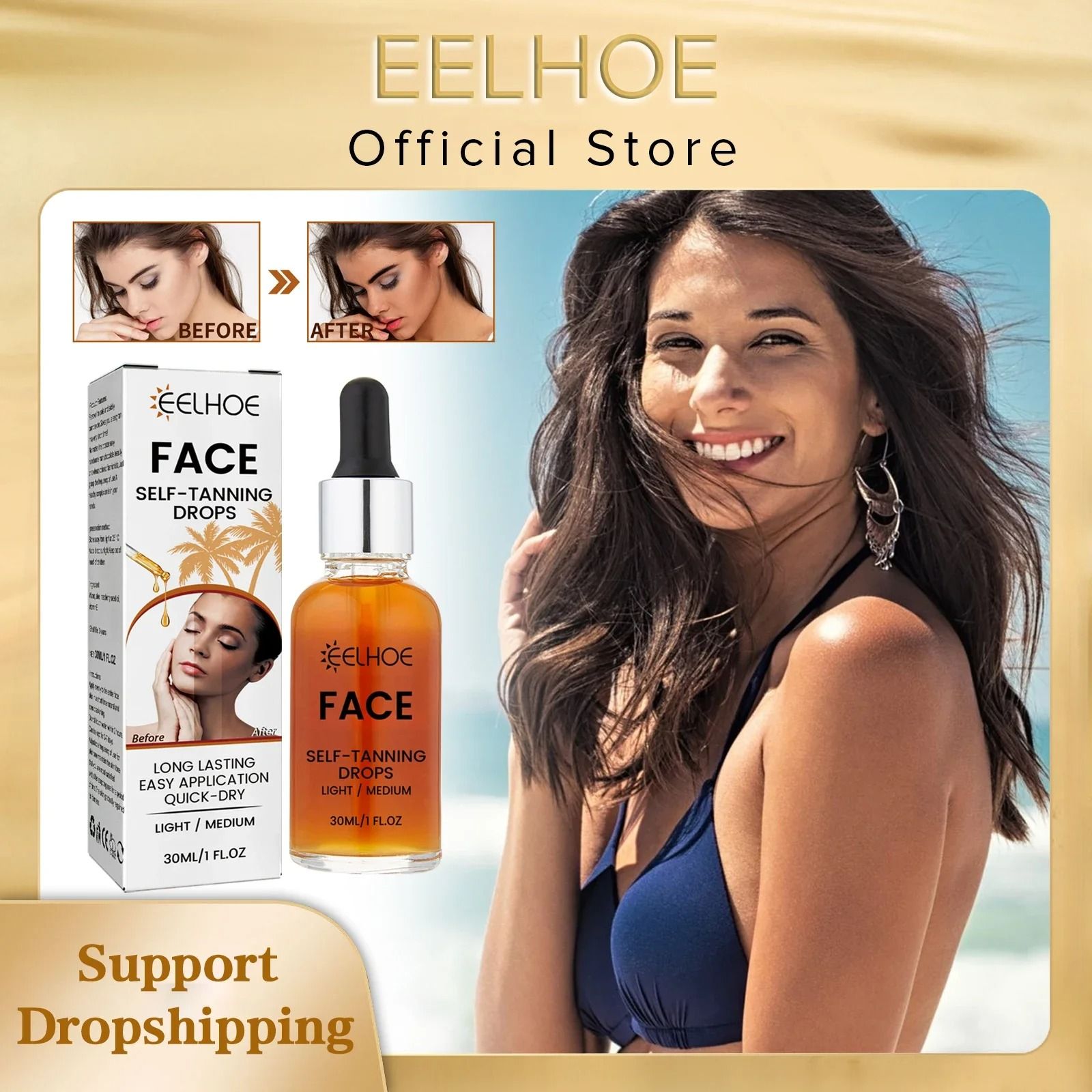 EELHOE Self Tanning Drops Sunless Skin Tanning Oil Liquid Dark Tanner Water Serum for Face and Body