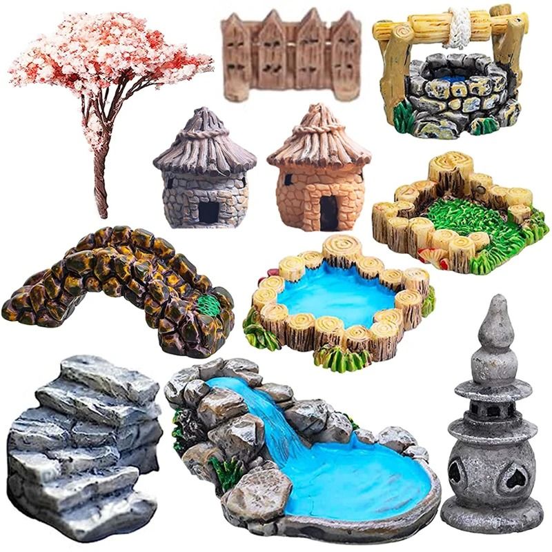 Fairy Garden Accessories Miniature Landscape Decor Set with Lighthouse Cottage and Bridge