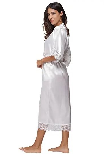 Lace Patchwork Satin Kimono Robe – Professional Silk Long Nightgown & Wedding Bridesmaid Lingerie