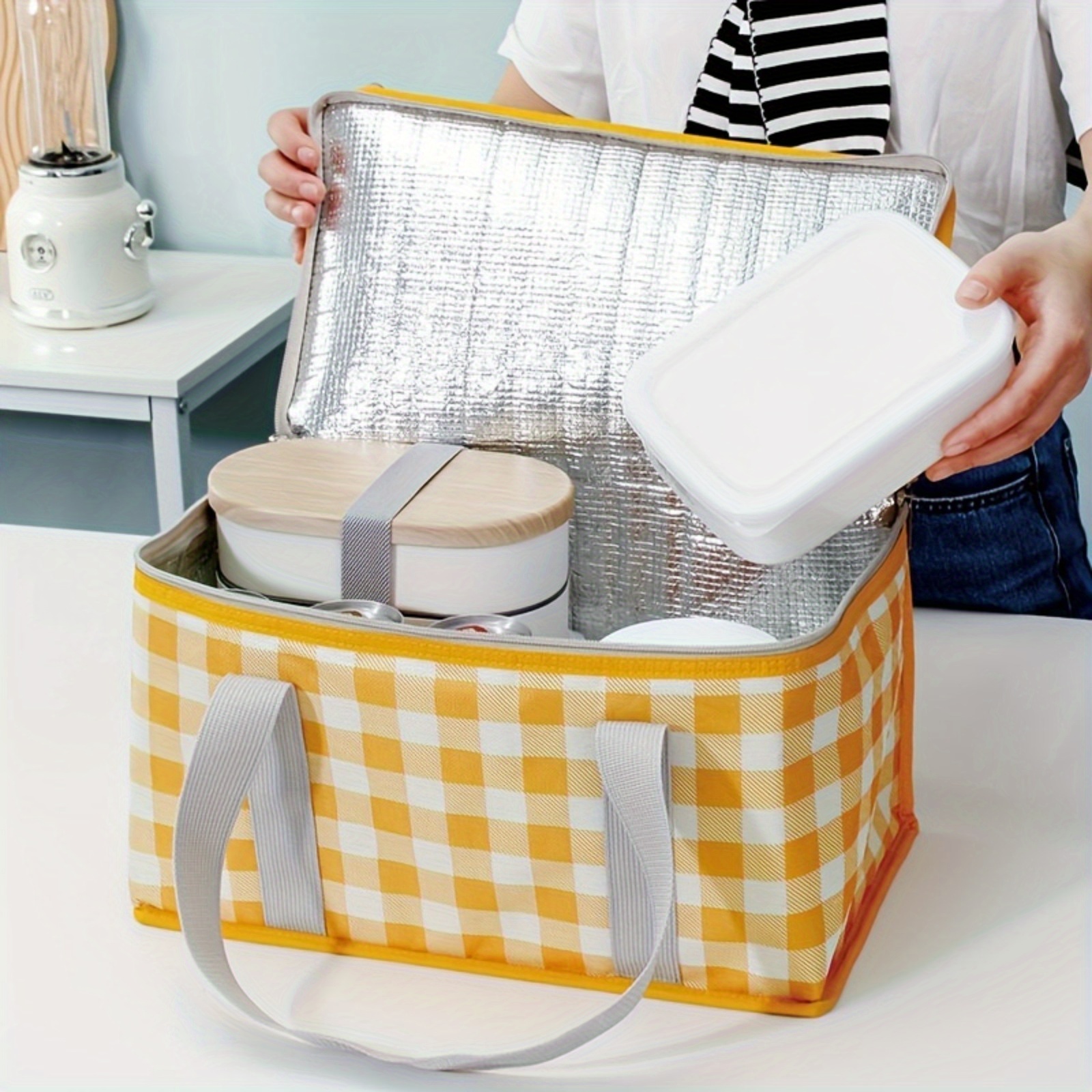 Yellow Checkered Insulated Picnic Tote Large Capacity Outdoor Camping Travel Bag