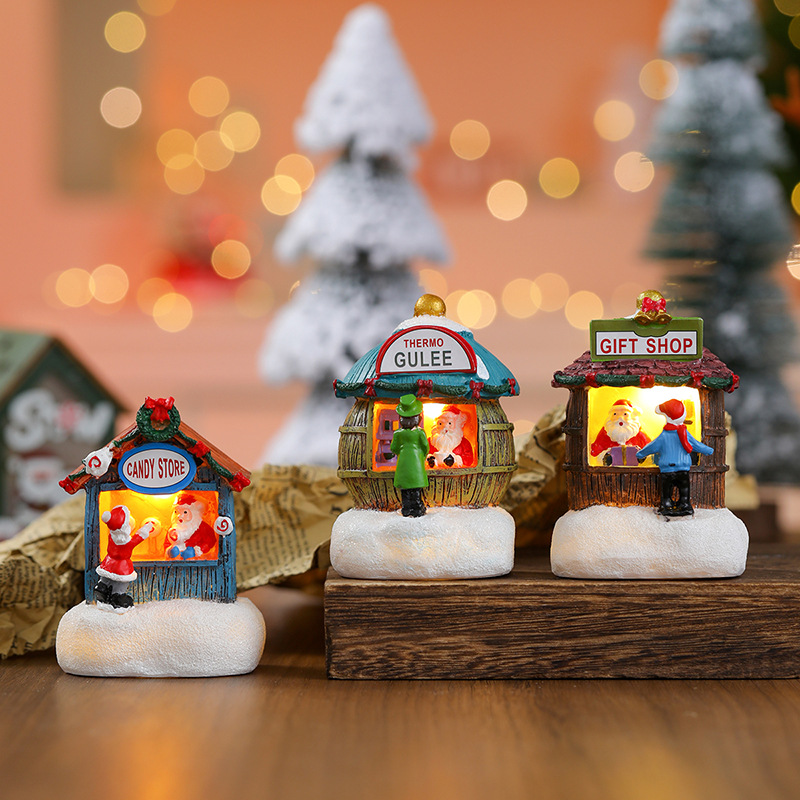 Resin Santa Claus, Snowman Luminous Christmas LED House, Pine Needles Snow, Micro Landscape Ornaments