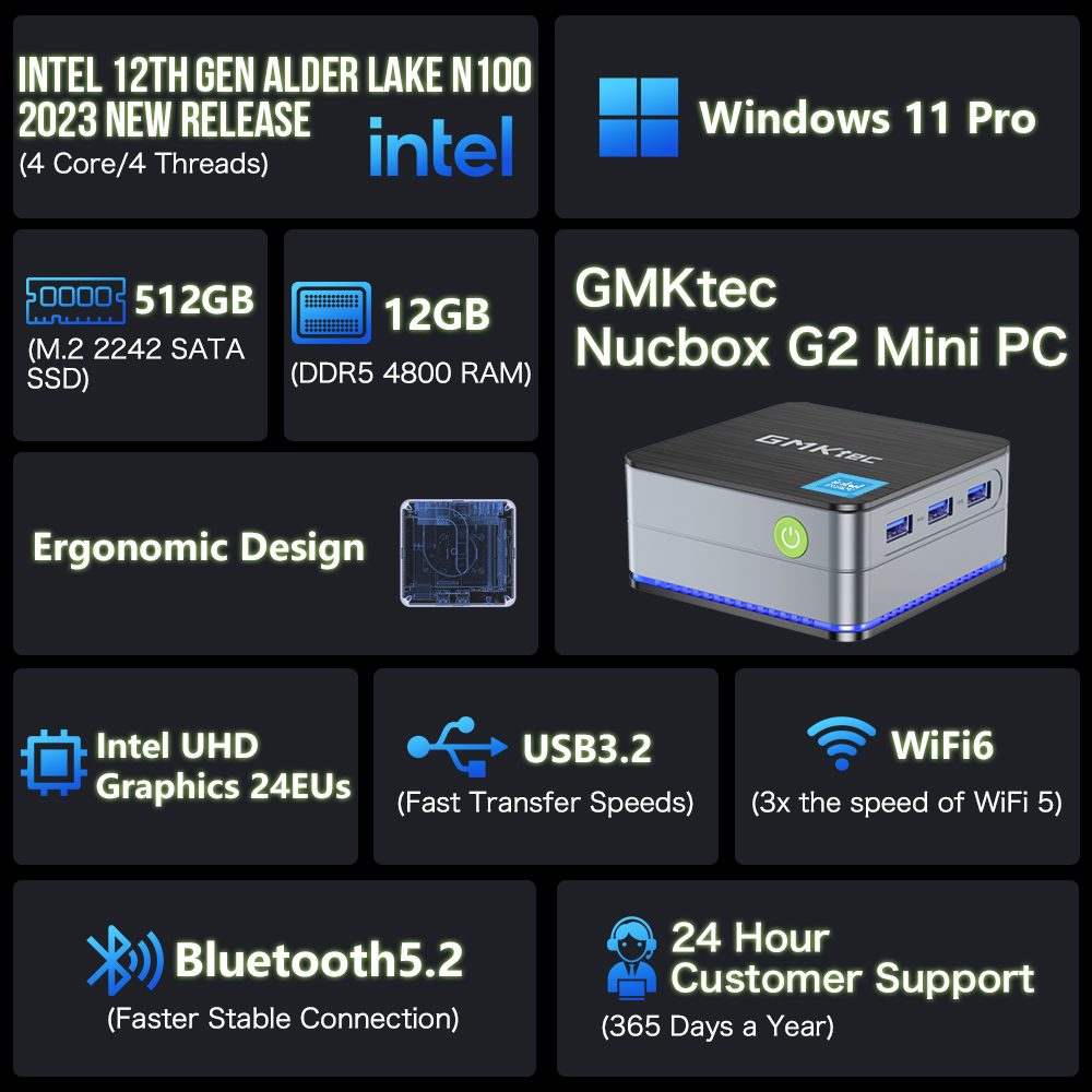 Intel G2 Mini PC, Windows 11 Pro, WiFi 6, BT5.2 Desktop Computer