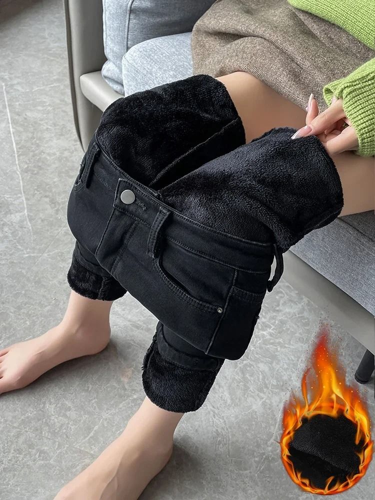 Womens Fleece Lined High Waist Jeans Warm Stretch Winter Skinny Pants