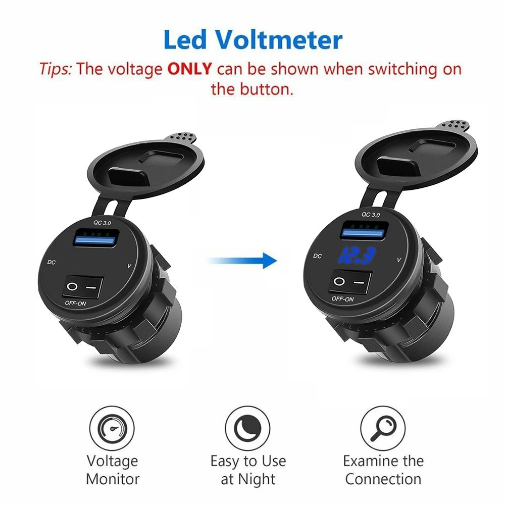 QC3.0 Dual USB Car Charger Socket with Voltmeter – Waterproof Fast Charging 12V 24V Power Outlet