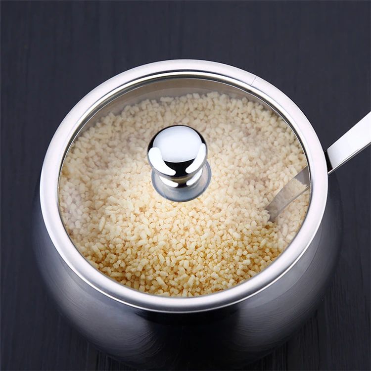 Large Stainless Steel Sugar Bowl with Lid and Spoon