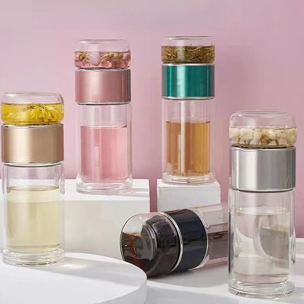 BrewEase 420ml Glass Tea Cup with Infuser - Double Wall Travel Tea Mug for Office & Outdoors