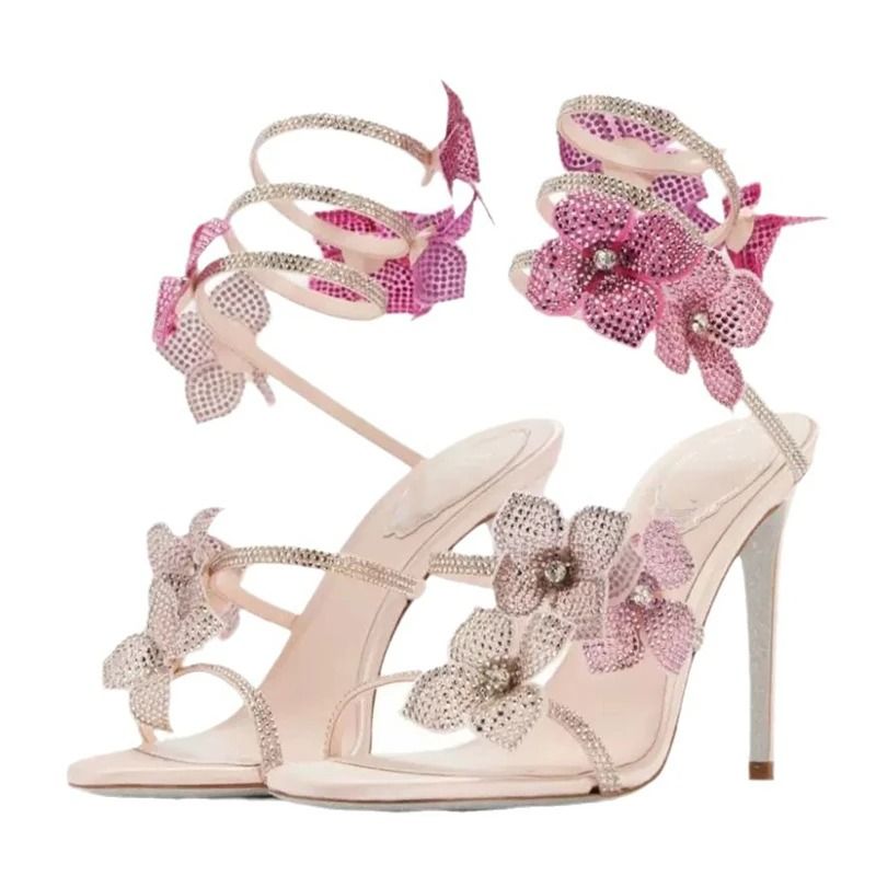 Eilyken Crystal Flower Ankle Strap High Heel Sandals for Party and Performance