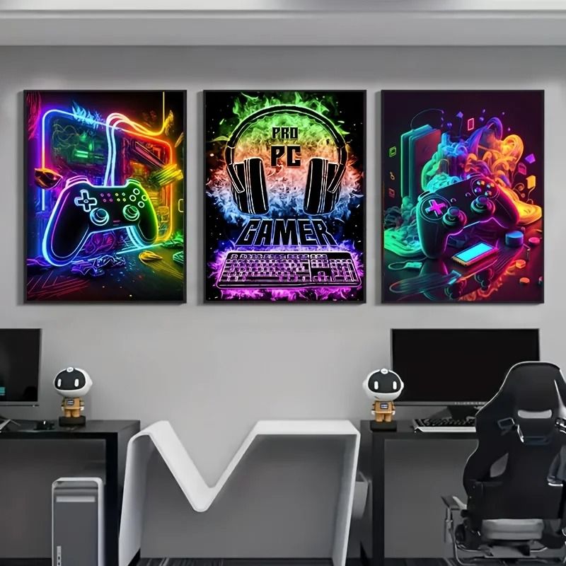 3-Piece Gaming Room Canvas Prints | Punk Style Gamepad Wall Art