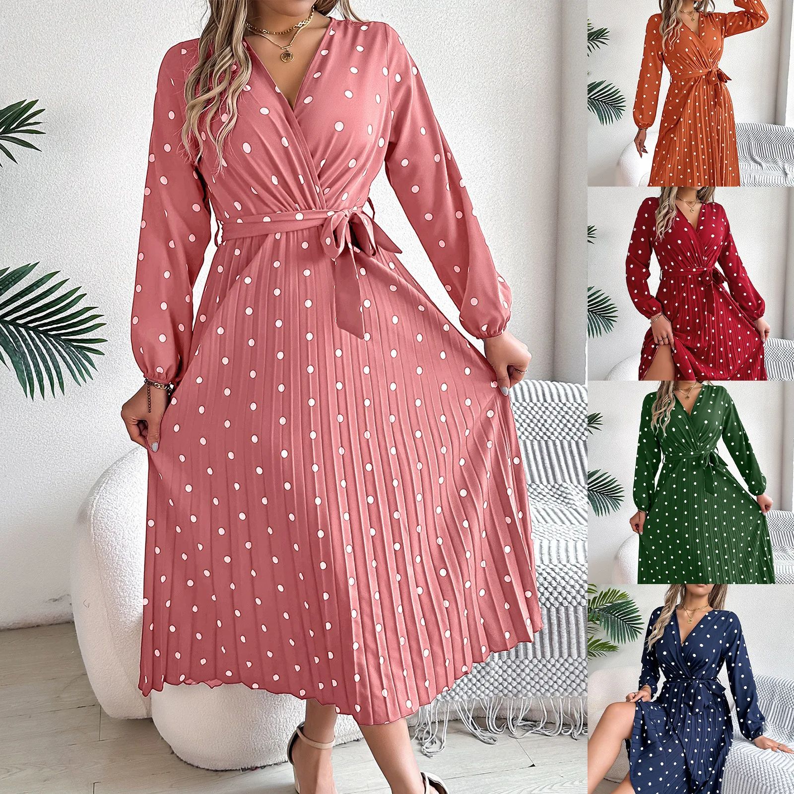 Elegant Polka Dot Maxi Dress – V-Neck Long Sleeve Pleated High Waist Swing Dress