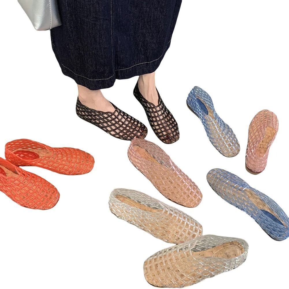 Women Mesh Jelly Ballet Flats Hollow Square Toe Summer Beach Shoes