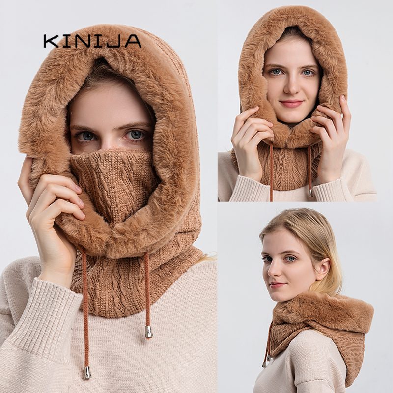 Winter Fur Hooded Mask Set for Women, Knitted Cashmere Neck Warmer, Windproof Balaclava Ski Hat