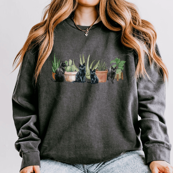 Cats and Plants Sweatshirt for Women Gardening Cat Lover Crewneck Cozy Plant Lady Pullover