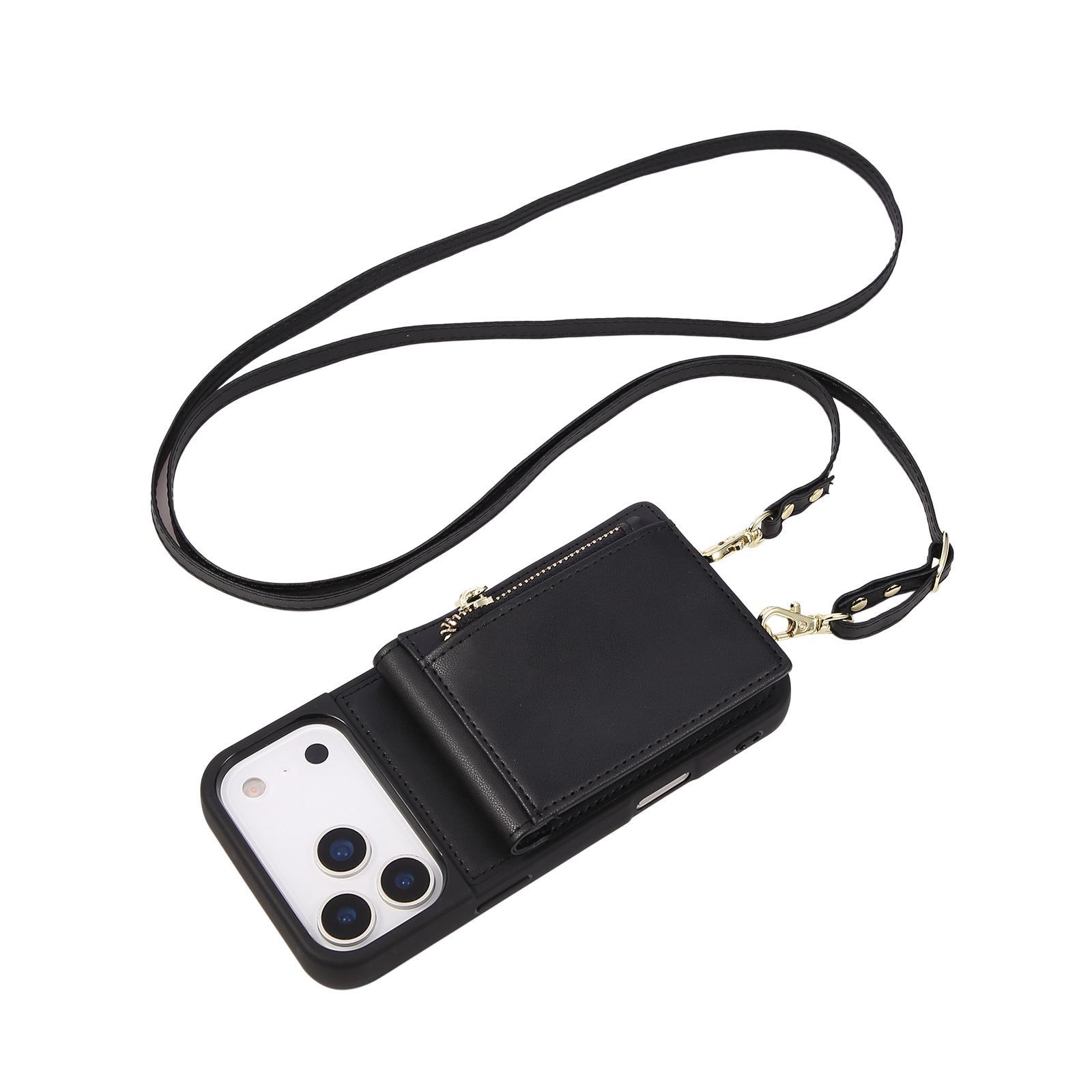 Leather Crossbody iPhone Wallet Case with Zipper Pocket & Lanyard Strap