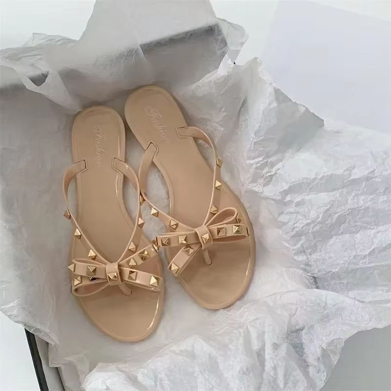 CrystalClear Bow Jelly Flip Flops for Women, Rivet Detail Beach Slippers