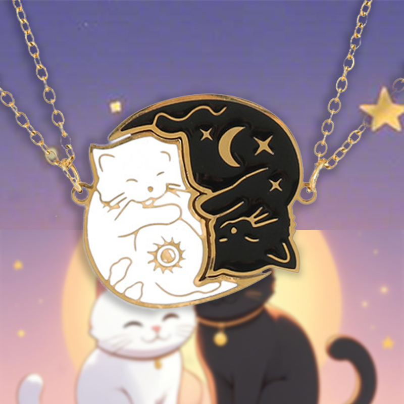 Love Embrace Cat Necklace Set Stainless Steel Black White Matching Pendant Jewelry for Women and Friends