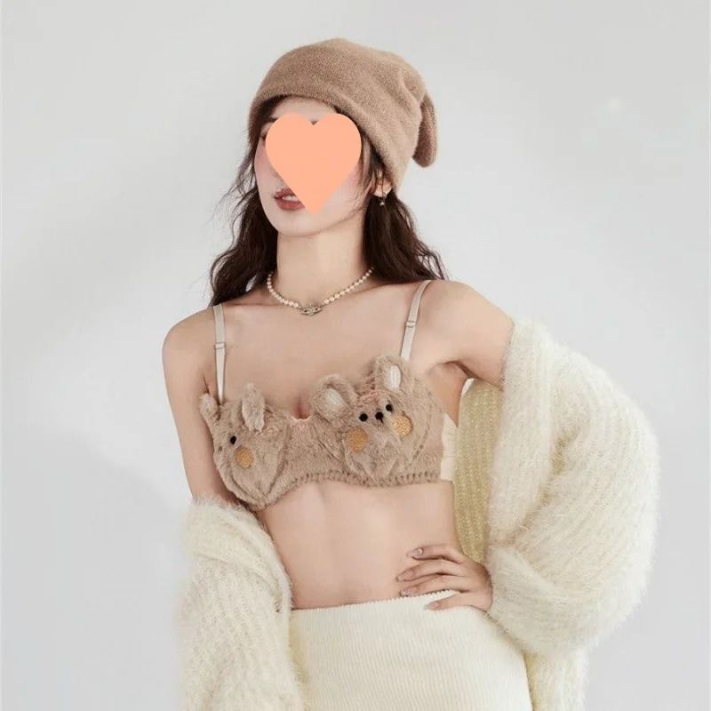 Cute Japanese Style Plush Winter Bra with Rabbit and Bear
