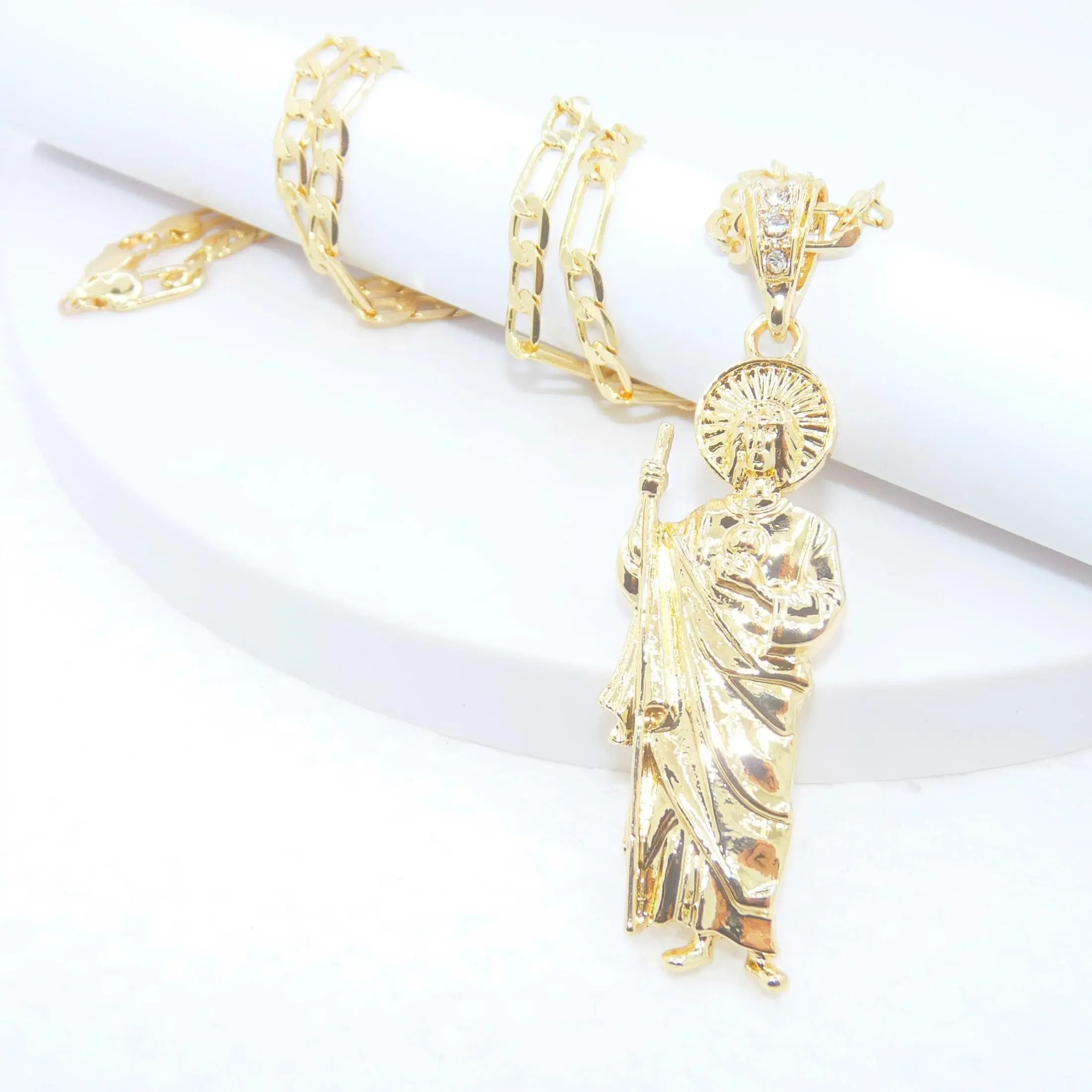 Saint Jude Gold Plated Pendant Necklace With Figaro Chain