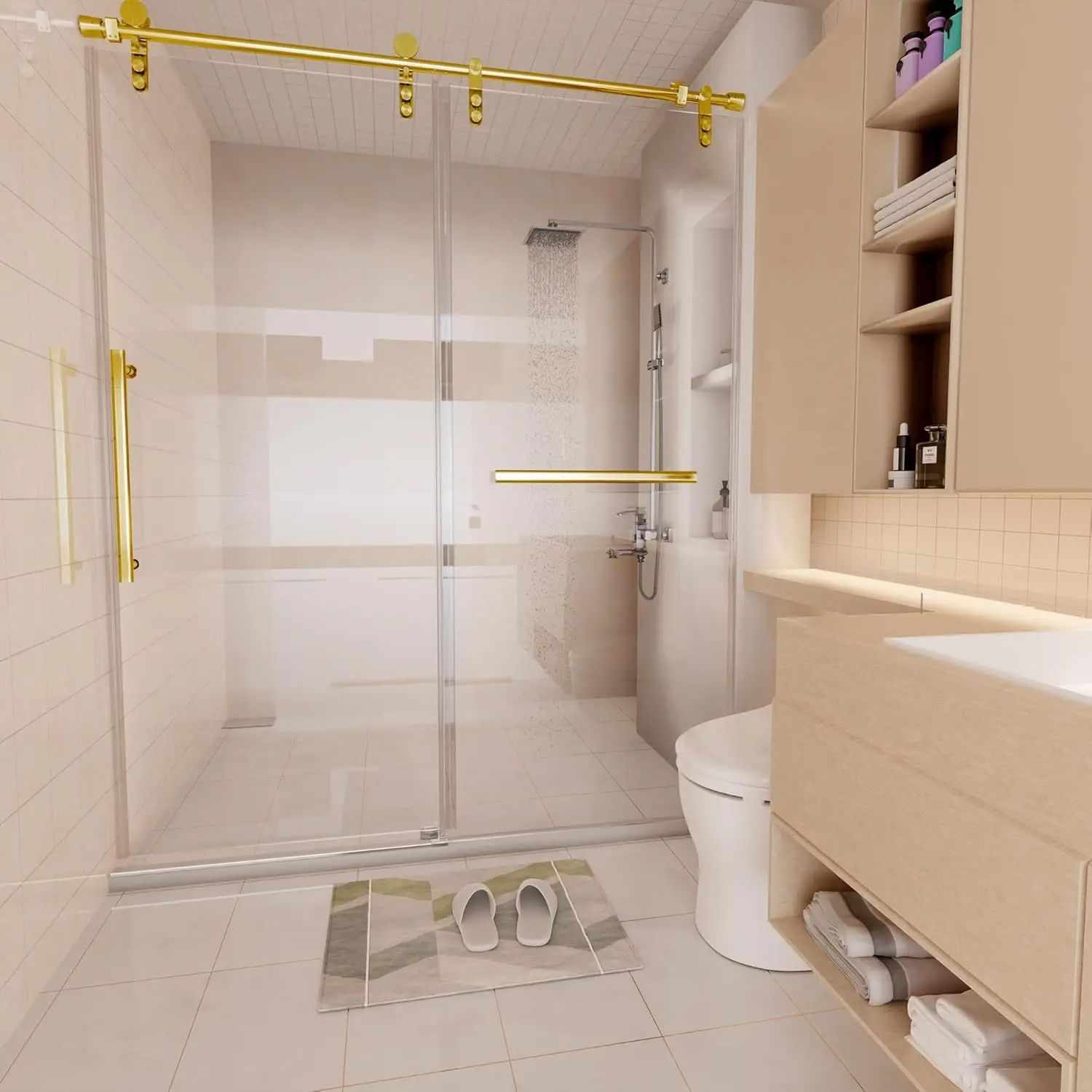 Frameless Slidable Shower Door, Clear Tempered Glass, Gold Stainless Steel Handle, Waterproof Sliding Enclosure
