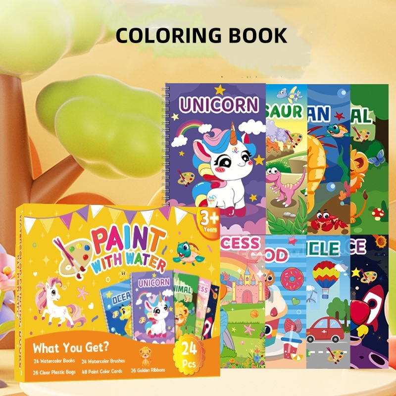 Magic Water Painting Book, Reusable Watercolor Coloring Book for Kids, Animal Designs with Paints