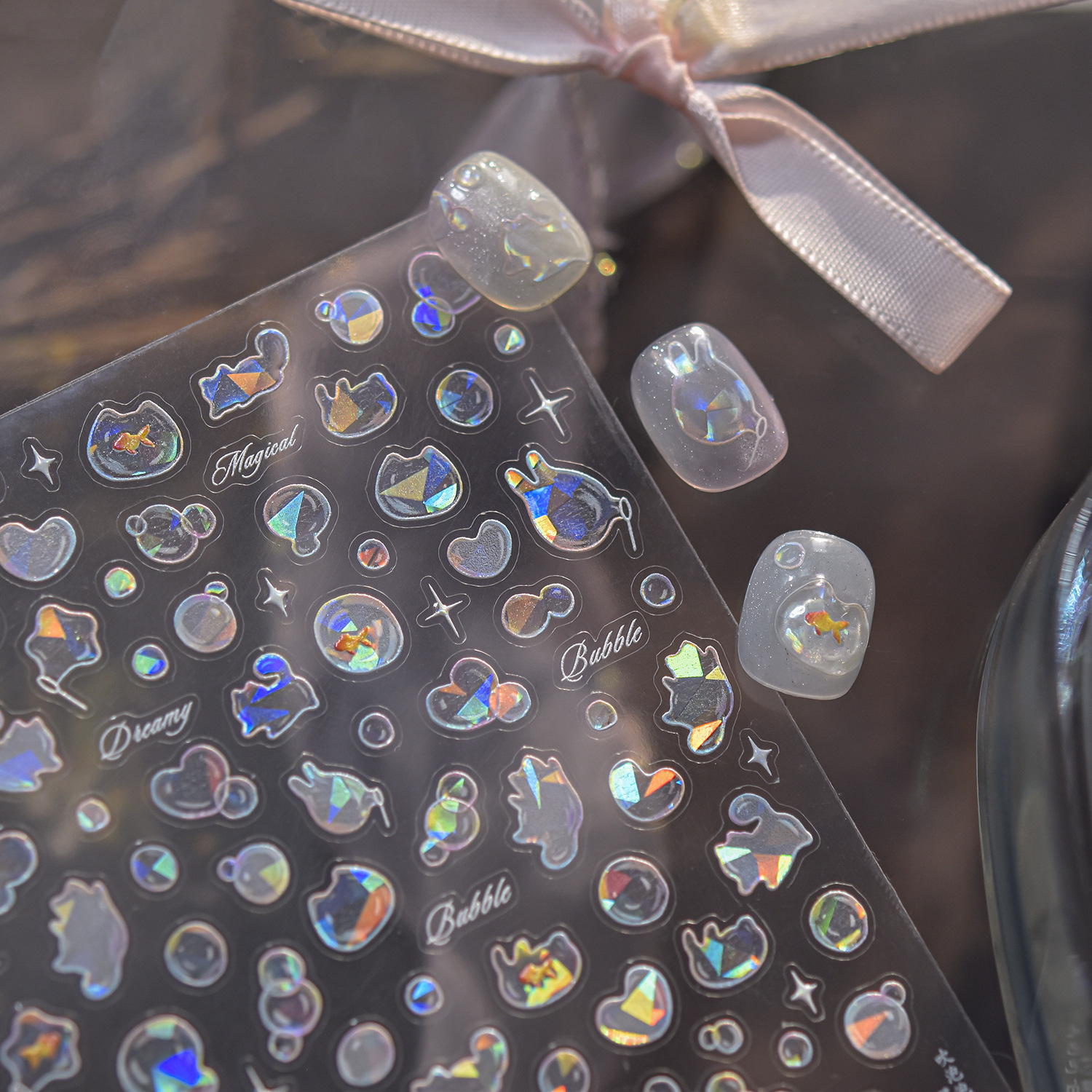 Shiny Blowing Bubble Nail Decorations Stickers, 5D Shell Light Love Cat Design, DIY Summer Manicure Decals, Transfer