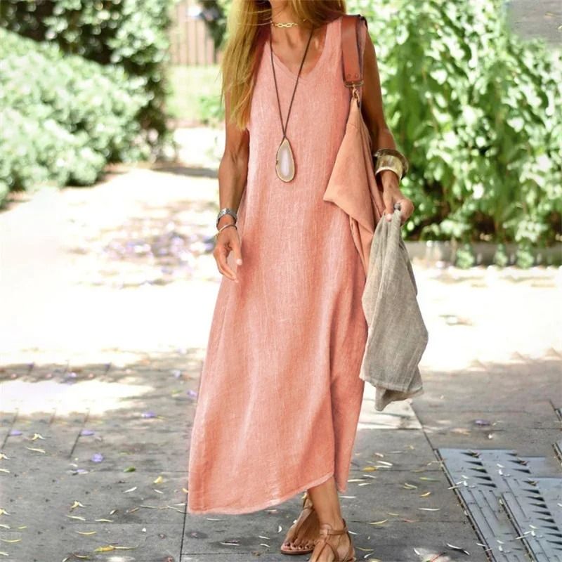 Womens V Neck Cotton Linen Loose Waist Sleeveless Summer Dress