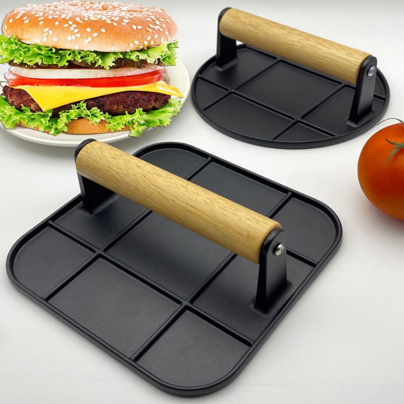 Hand Meat Burger Press Tools, Aluminum Alloy, Non Stick, Wooden Handle for Home Kitchen BBQ