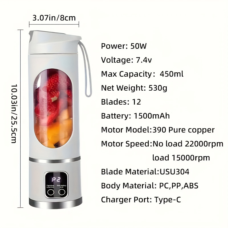 LED Display Mixer, 450ml USB Rechargeable Portable Milkshake & Smoothie Maker with 12-Piece Juicer Set