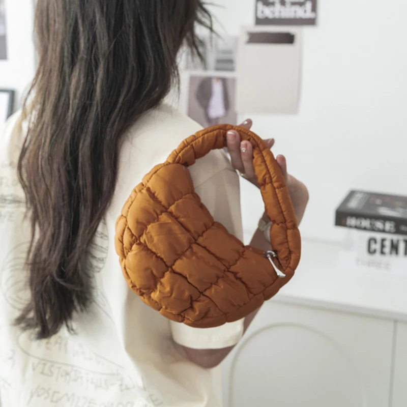 Elegant Purple Soft Nylon Mini Puffer Tote Bag Quilted Circle Phone Purse Simple Trend Handbag