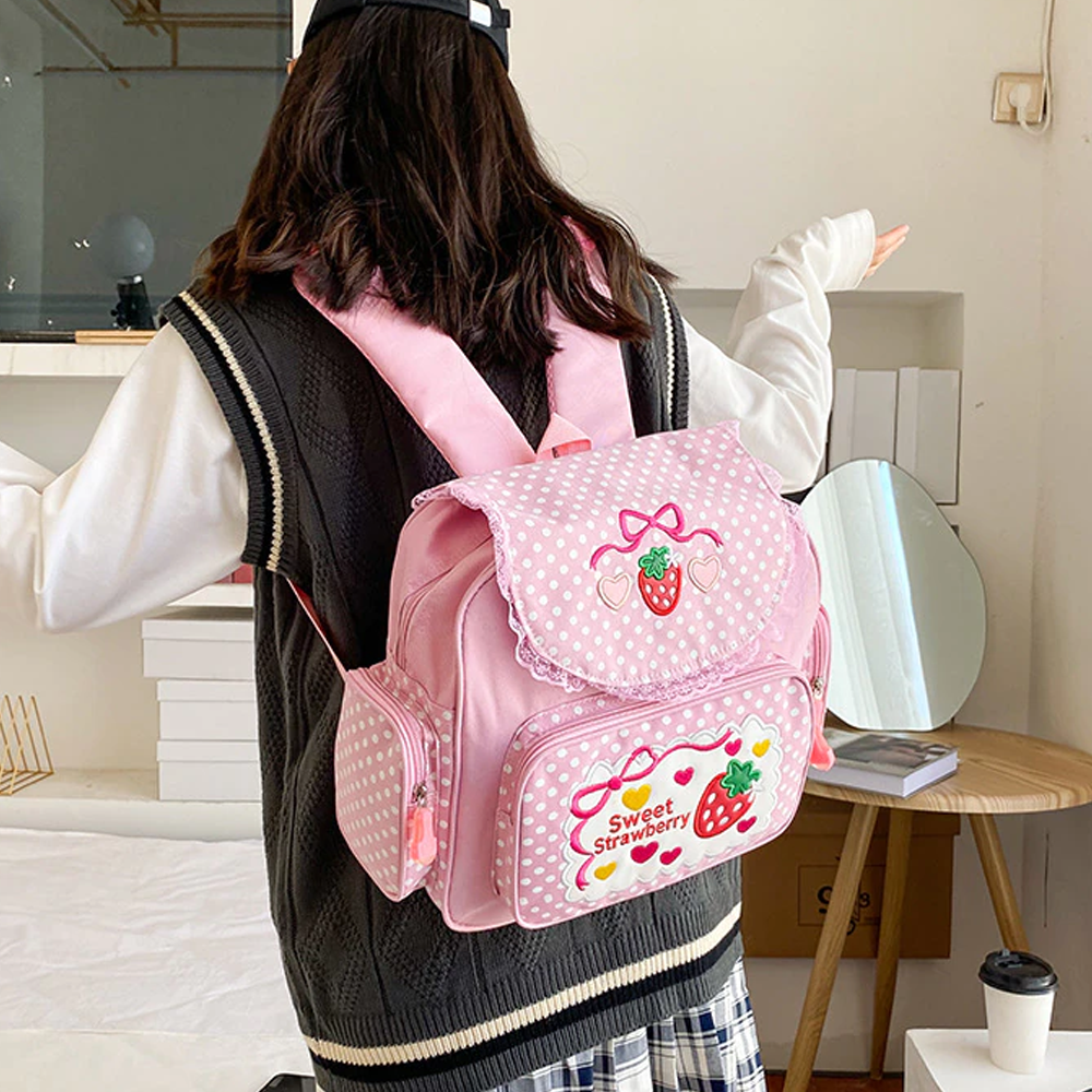 Pink Backpack With Strawberry Pattern