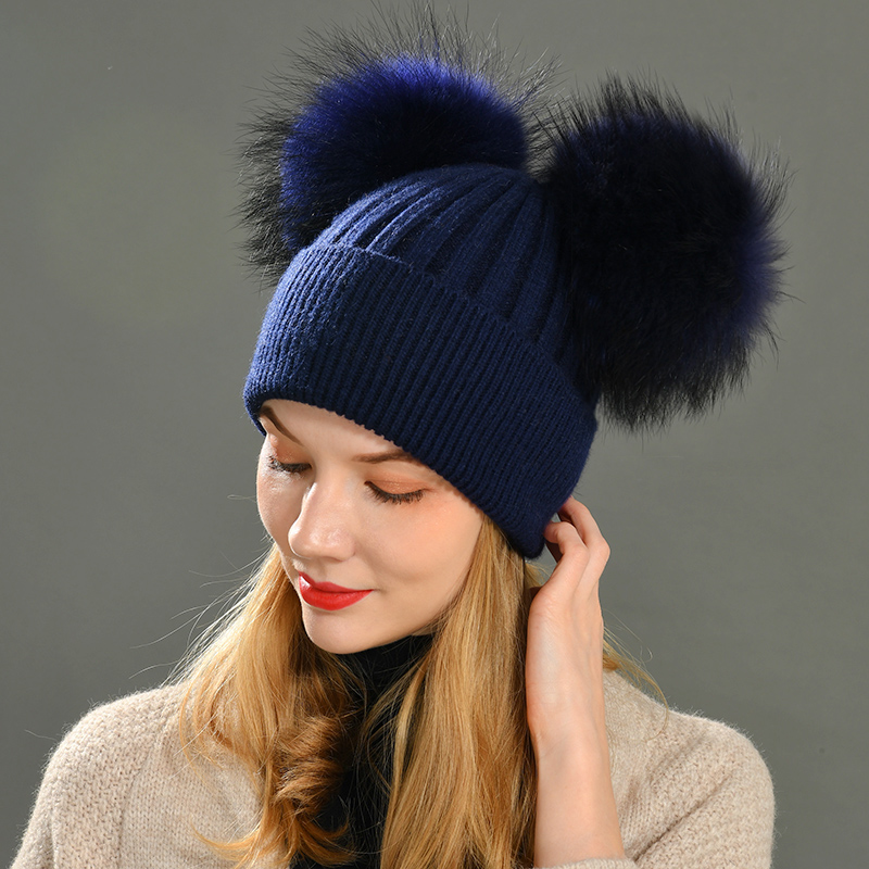 Women Winter Knitted Wool Hat, Double Real Raccoon Fur Pompom Beanie, Skullies Cap for Girls, Female Two Fur Pom Pom Hat