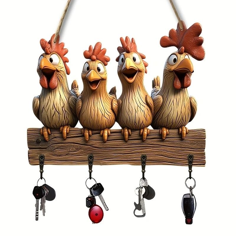 Farmhouse Wooden Key Holder Hen Wall Key Hanger with Decorative Hooks
